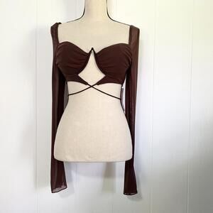 Marthea Brown Sheer Criss Cross Long Sleeve Crop Top Women's Small